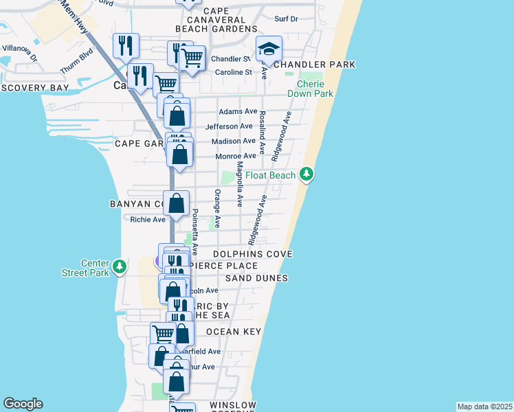 map of restaurants, bars, coffee shops, grocery stores, and more near 404 Tyler Avenue in Cape Canaveral