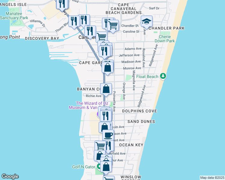 map of restaurants, bars, coffee shops, grocery stores, and more near 7610 Poinsetta Avenue in Cape Canaveral