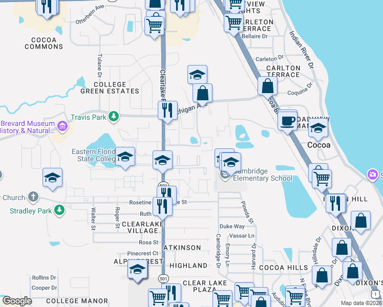 map of restaurants, bars, coffee shops, grocery stores, and more near 1804 University Lane in Cocoa