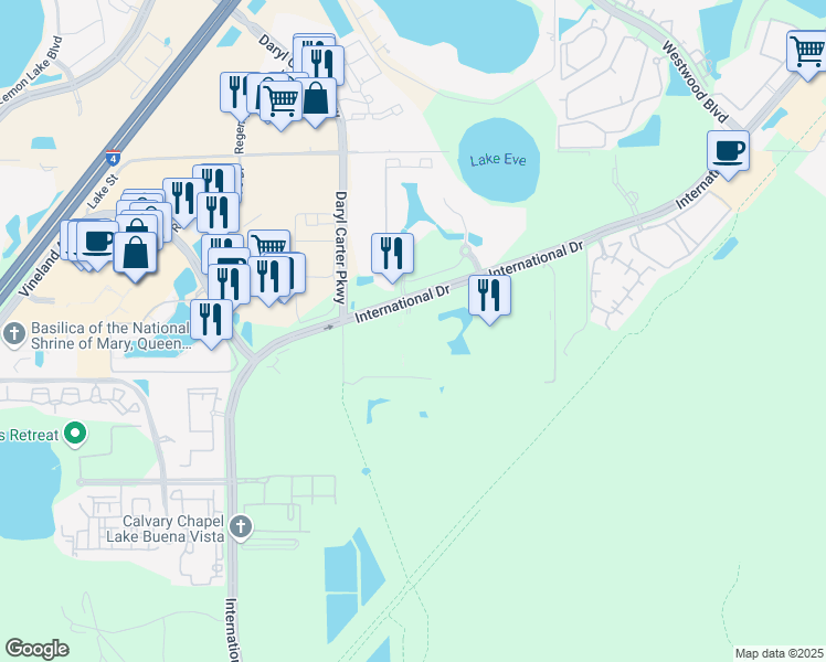 map of restaurants, bars, coffee shops, grocery stores, and more near 12529 Lake Square Circle in Orlando