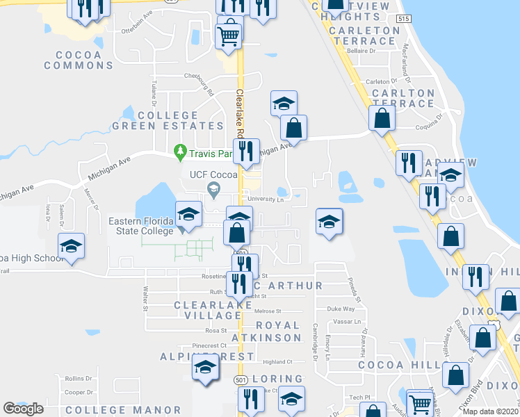 map of restaurants, bars, coffee shops, grocery stores, and more near 1556 University Lane in Cocoa