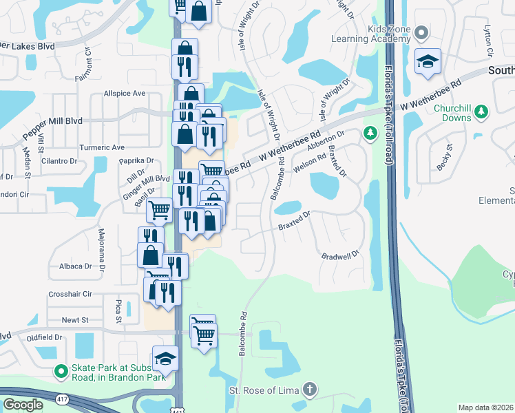 map of restaurants, bars, coffee shops, grocery stores, and more near 1706 Snaresbrook Way in Orlando