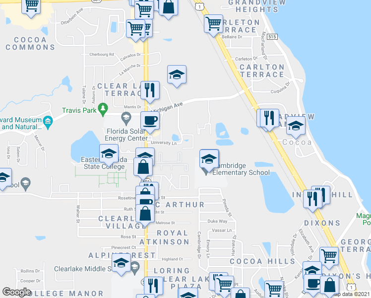 map of restaurants, bars, coffee shops, grocery stores, and more near 1610 University Lane in Cocoa