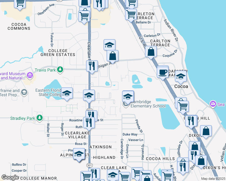 map of restaurants, bars, coffee shops, grocery stores, and more near 1610 University Lane in Cocoa