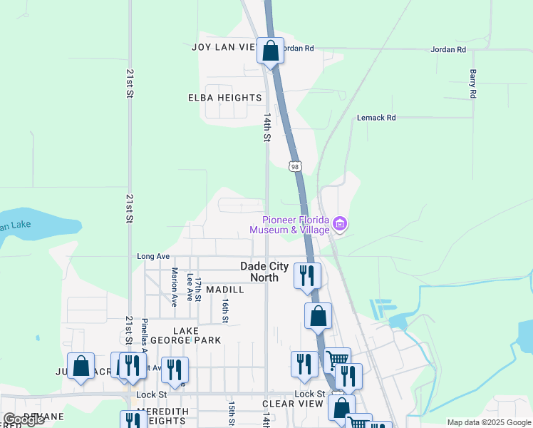 map of restaurants, bars, coffee shops, grocery stores, and more near 15641 14th Street in Dade City