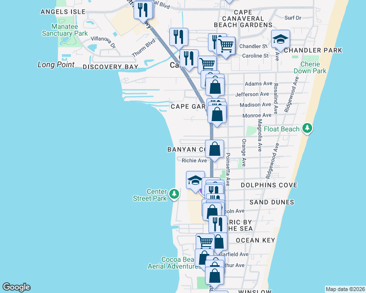 map of restaurants, bars, coffee shops, grocery stores, and more near 30 Carver Drive North in Cape Canaveral