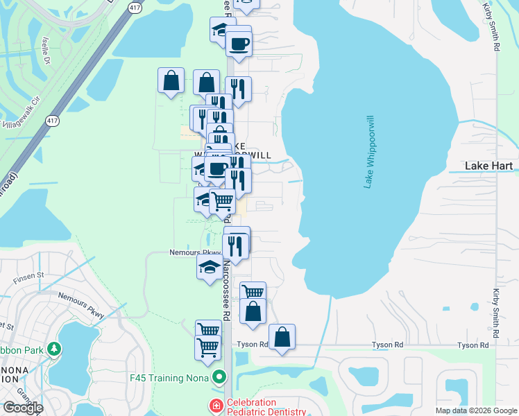 map of restaurants, bars, coffee shops, grocery stores, and more near 10100-10180 Narcoosee Road in Orlando