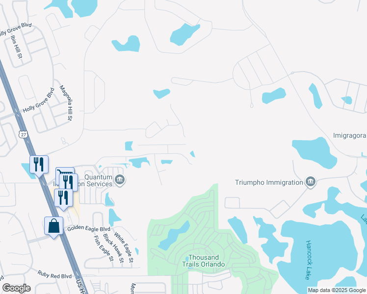map of restaurants, bars, coffee shops, grocery stores, and more near 16742 Broadford Lane in Clermont