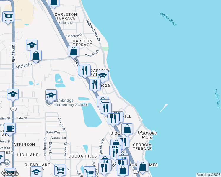 map of restaurants, bars, coffee shops, grocery stores, and more near 1619 Indian River Drive in Cocoa