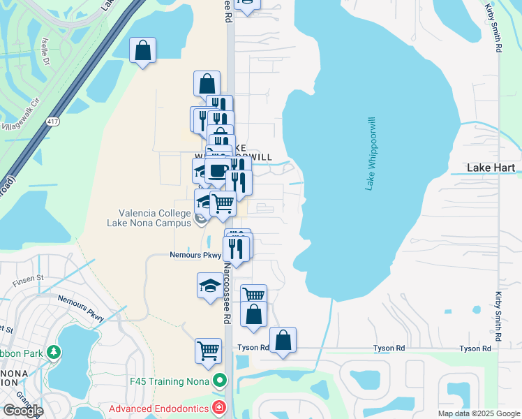 map of restaurants, bars, coffee shops, grocery stores, and more near 10100-10180 Narcoosee Road in Orlando