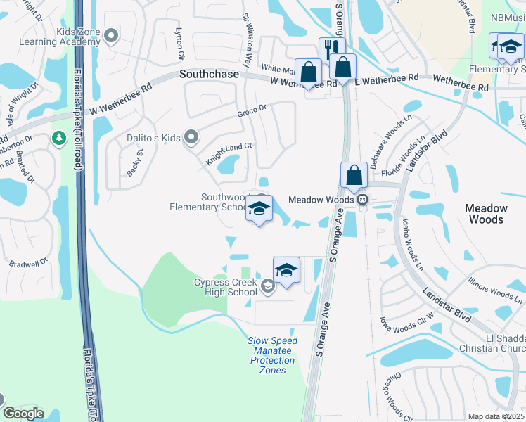 map of restaurants, bars, coffee shops, grocery stores, and more near 12600 Bisted Drive in Orlando