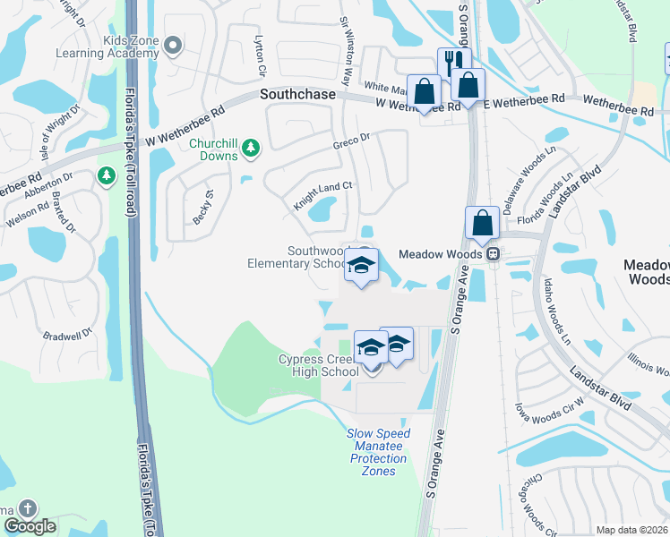 map of restaurants, bars, coffee shops, grocery stores, and more near 12600 Bisted Drive in Orlando