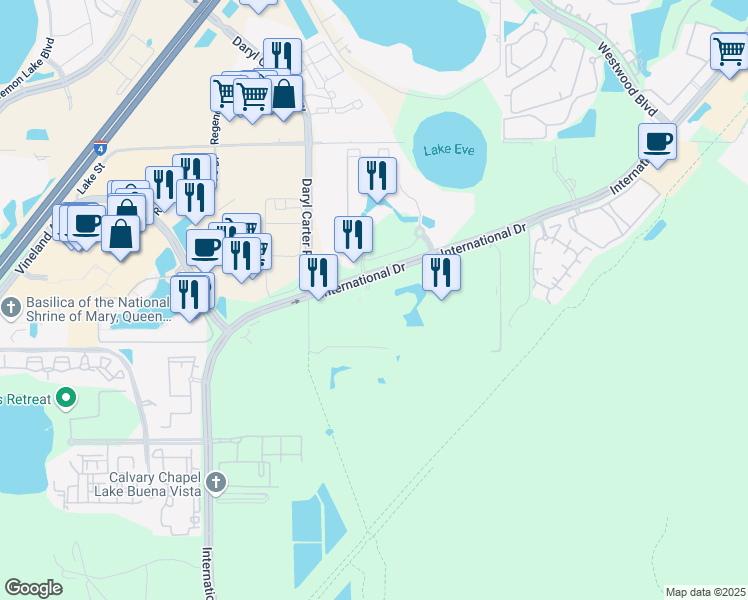 map of restaurants, bars, coffee shops, grocery stores, and more near 12529 Lake Square Circle in Orlando