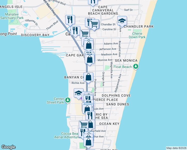 map of restaurants, bars, coffee shops, grocery stores, and more near 7610 Poinsetta Avenue in Cape Canaveral