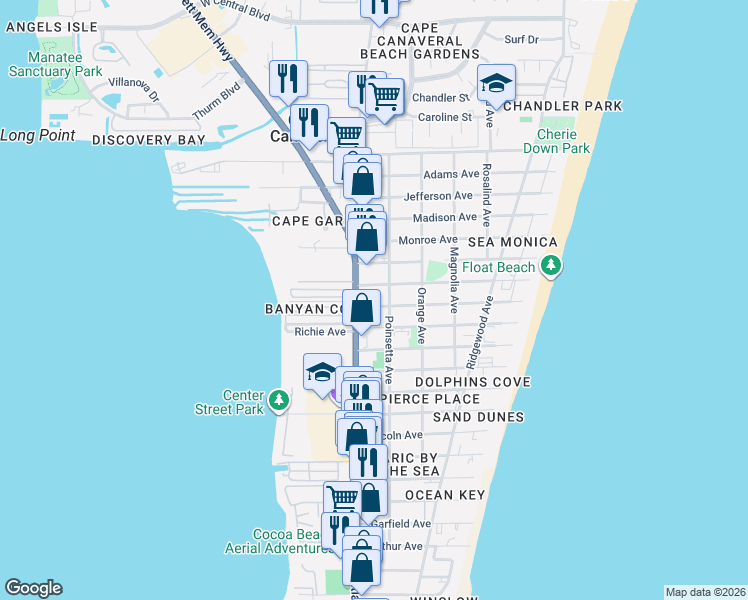 map of restaurants, bars, coffee shops, grocery stores, and more near 7620 North Atlantic Avenue in Cape Canaveral