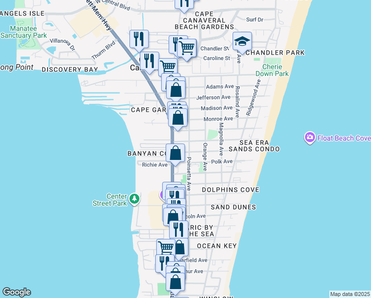 map of restaurants, bars, coffee shops, grocery stores, and more near 7610 Poinsetta Avenue in Cape Canaveral