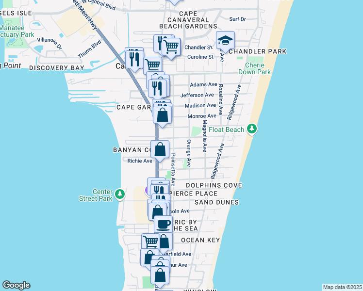 map of restaurants, bars, coffee shops, grocery stores, and more near 7610 Poinsetta Avenue in Cape Canaveral