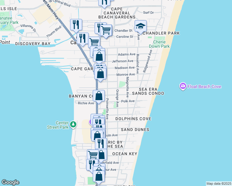 map of restaurants, bars, coffee shops, grocery stores, and more near 276 Tyler Avenue in Cape Canaveral