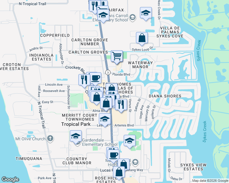 map of restaurants, bars, coffee shops, grocery stores, and more near 17 Hepburn Place in Merritt Island
