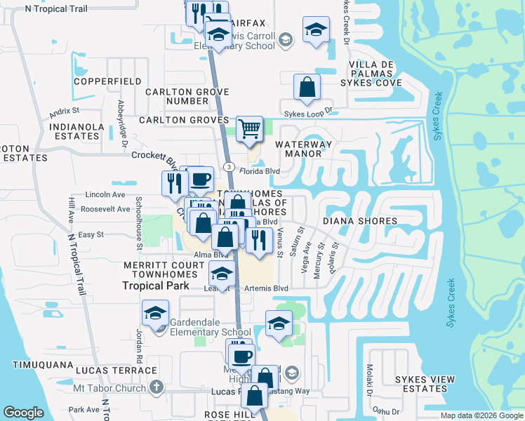 map of restaurants, bars, coffee shops, grocery stores, and more near 40 Hepburn Place in Merritt Island