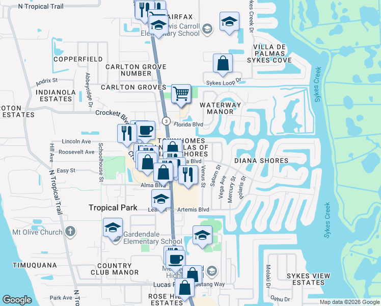 map of restaurants, bars, coffee shops, grocery stores, and more near 1611 Gable Court in Merritt Island