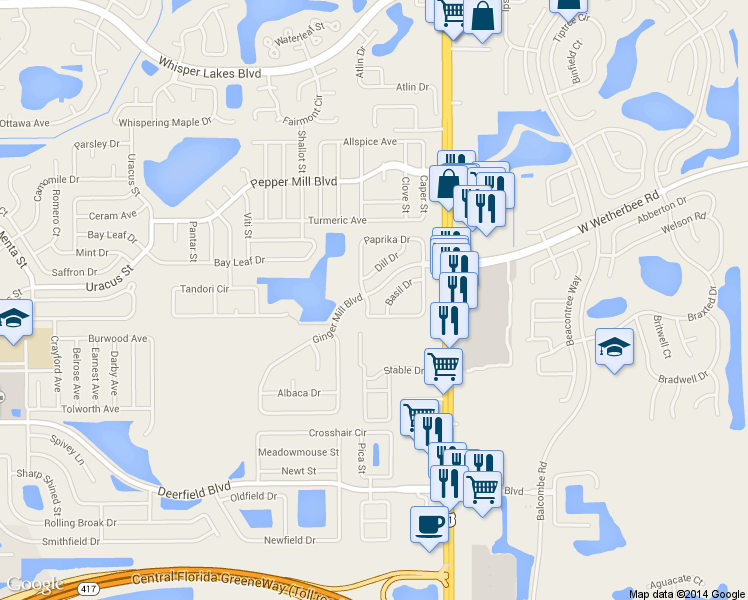 map of restaurants, bars, coffee shops, grocery stores, and more near 12494 Coriander Drive in Orlando