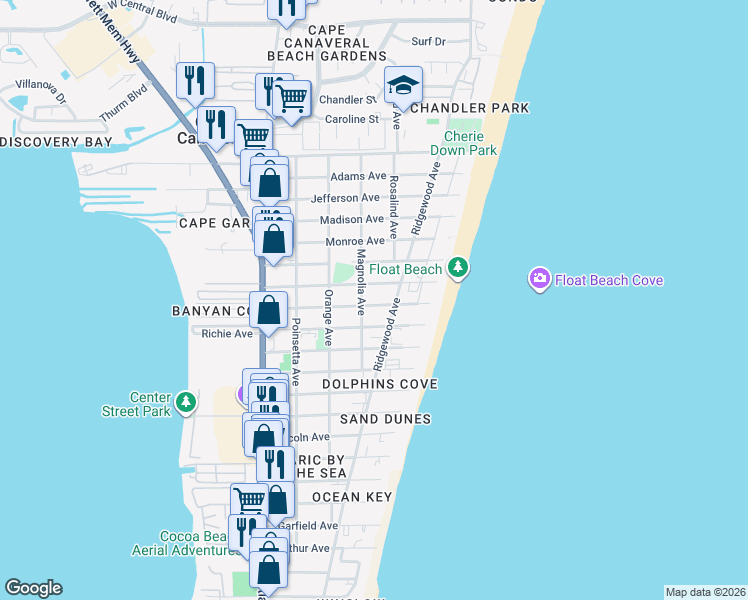 map of restaurants, bars, coffee shops, grocery stores, and more near 404 Tyler Avenue in Cape Canaveral