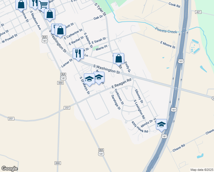 map of restaurants, bars, coffee shops, grocery stores, and more near 305 East Reagan Road in Beeville