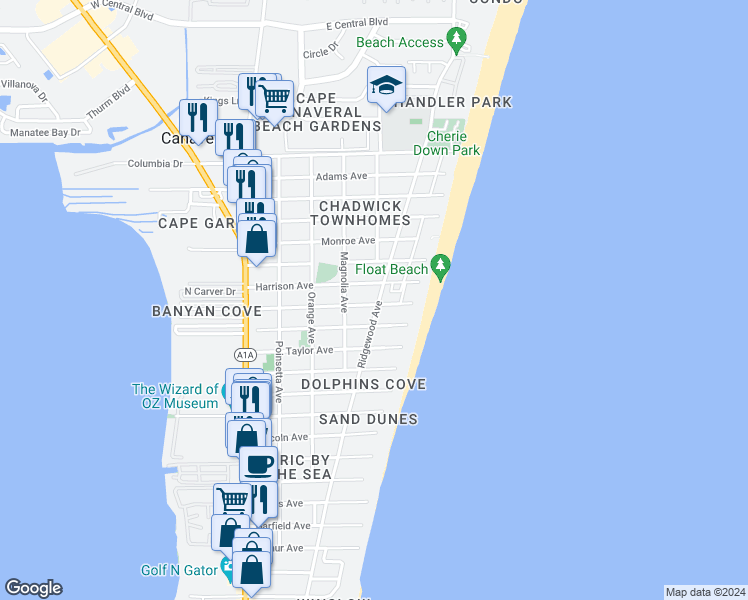 map of restaurants, bars, coffee shops, grocery stores, and more near 7605 Ridgewood Avenue in Cape Canaveral