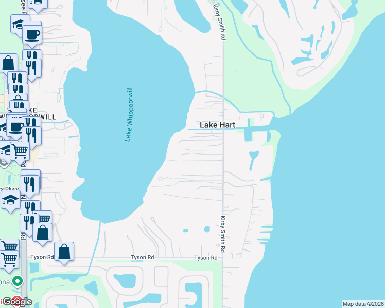 map of restaurants, bars, coffee shops, grocery stores, and more near 12454 Kirby Smith Road in Orlando