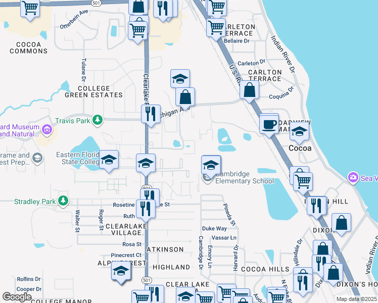 map of restaurants, bars, coffee shops, grocery stores, and more near 1608 University Lane in Cocoa