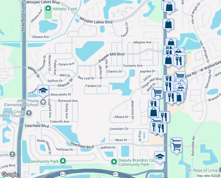 map of restaurants, bars, coffee shops, grocery stores, and more near 2438 Tandori Circle in Orlando