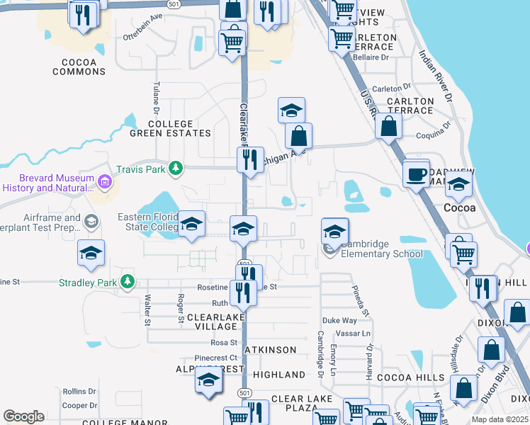 map of restaurants, bars, coffee shops, grocery stores, and more near 1556 University Lane in Cocoa