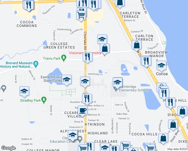 map of restaurants, bars, coffee shops, grocery stores, and more near 1566 University Lane in Cocoa