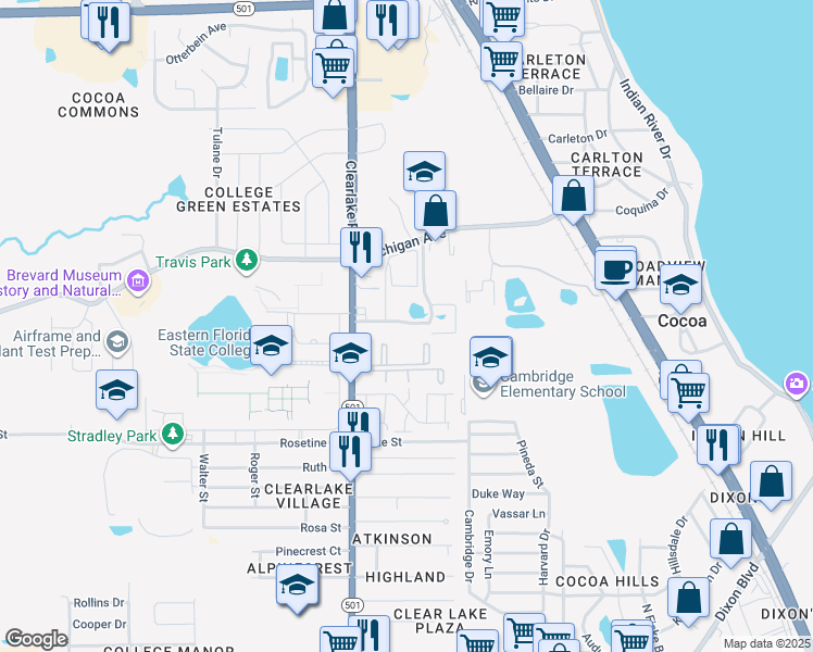 map of restaurants, bars, coffee shops, grocery stores, and more near 1600 University Lane in Cocoa