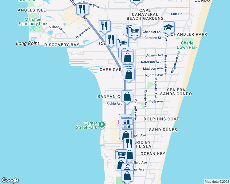 map of restaurants, bars, coffee shops, grocery stores, and more near 4 Carver Drive in Cape Canaveral