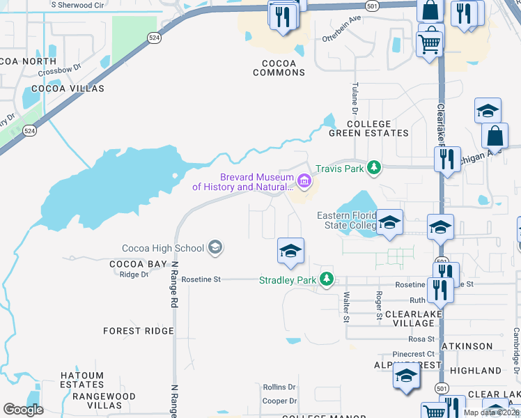 map of restaurants, bars, coffee shops, grocery stores, and more near 2402 Rice Dr in Cocoa