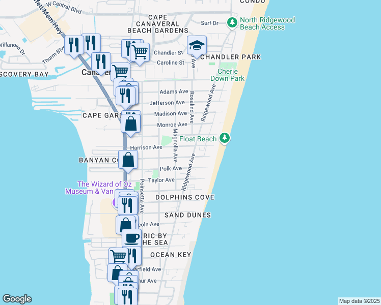 map of restaurants, bars, coffee shops, grocery stores, and more near 7640 Ridgewood Avenue in Cape Canaveral