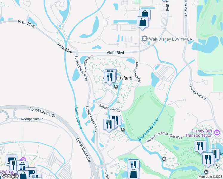 map of restaurants, bars, coffee shops, grocery stores, and more near 1251 Riverside Drive in Lake Buena Vista