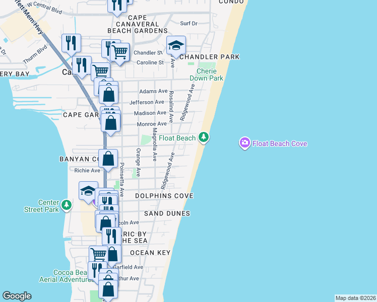 map of restaurants, bars, coffee shops, grocery stores, and more near 555 Harrison Avenue in Cape Canaveral