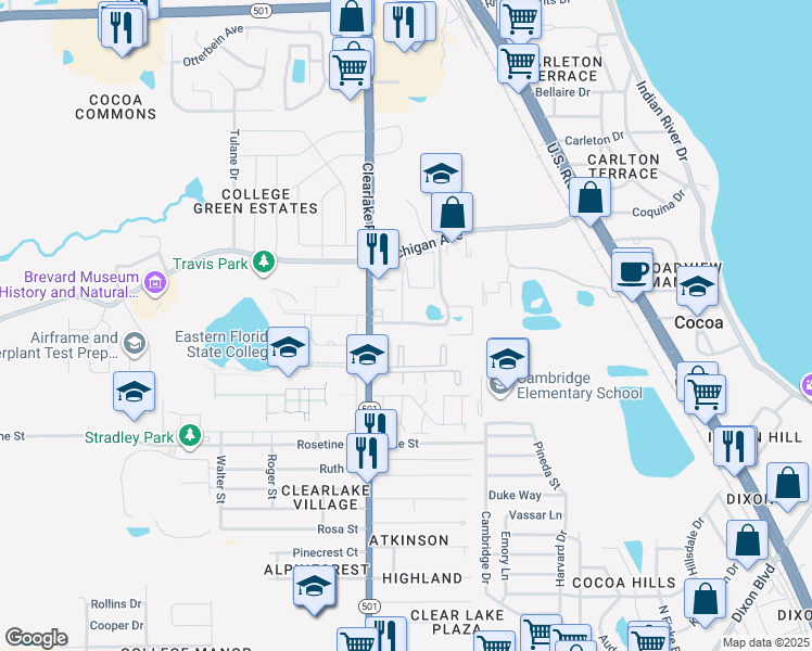 map of restaurants, bars, coffee shops, grocery stores, and more near 1556 University Lane in Cocoa