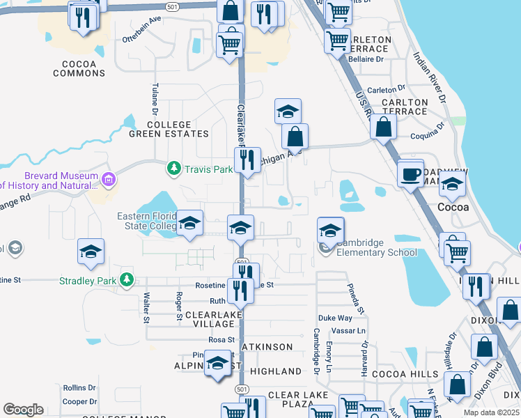 map of restaurants, bars, coffee shops, grocery stores, and more near 1556 University Lane in Cocoa