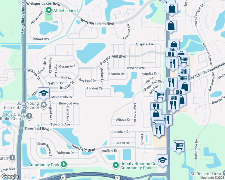 map of restaurants, bars, coffee shops, grocery stores, and more near 2438 Tandori Circle in Orlando