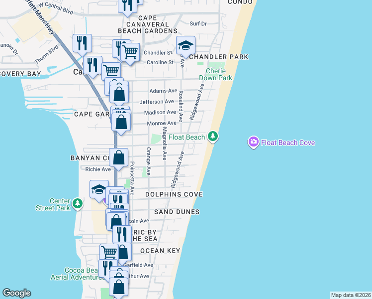 map of restaurants, bars, coffee shops, grocery stores, and more near 7640 Ridgewood Avenue in Cape Canaveral