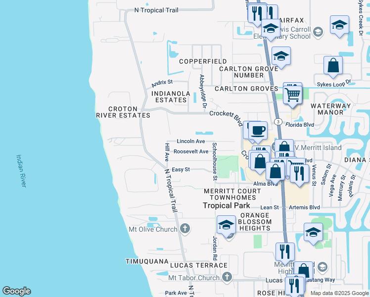map of restaurants, bars, coffee shops, grocery stores, and more near 496 Roosevelt Avenue in Merritt Island