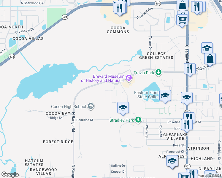 map of restaurants, bars, coffee shops, grocery stores, and more near 2402 Rice Drive in Cocoa