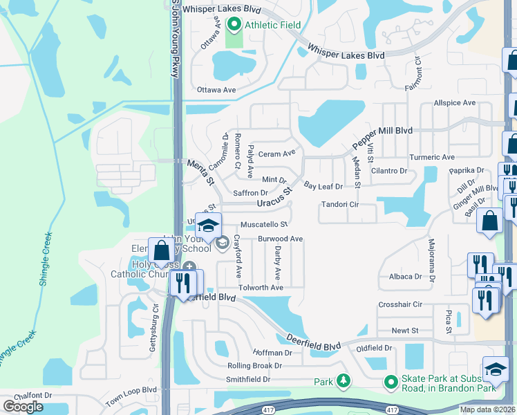 map of restaurants, bars, coffee shops, grocery stores, and more near 2636 Muscatello Street in Orlando