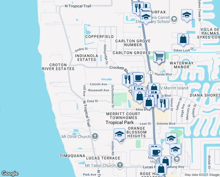 map of restaurants, bars, coffee shops, grocery stores, and more near 416 Roosevelt Avenue in Merritt Island