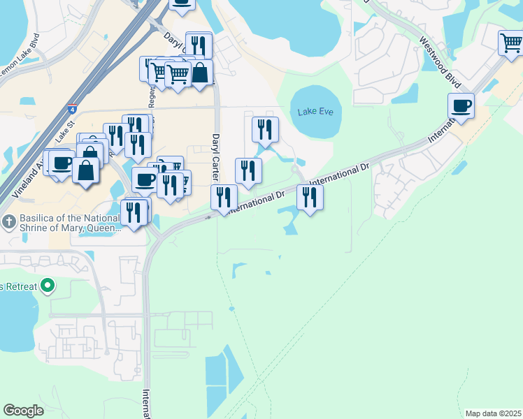 map of restaurants, bars, coffee shops, grocery stores, and more near 12501 Lake Square Circle in Orlando