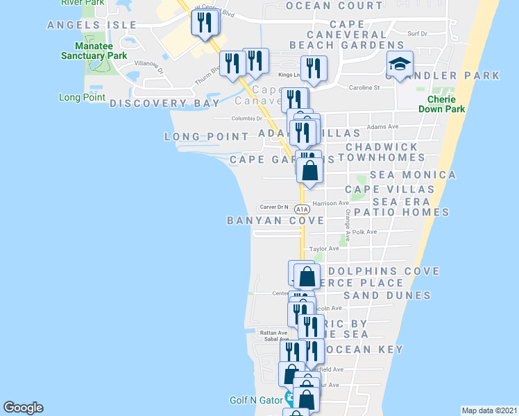 map of restaurants, bars, coffee shops, grocery stores, and more near 30 Carver Drive North in Cape Canaveral